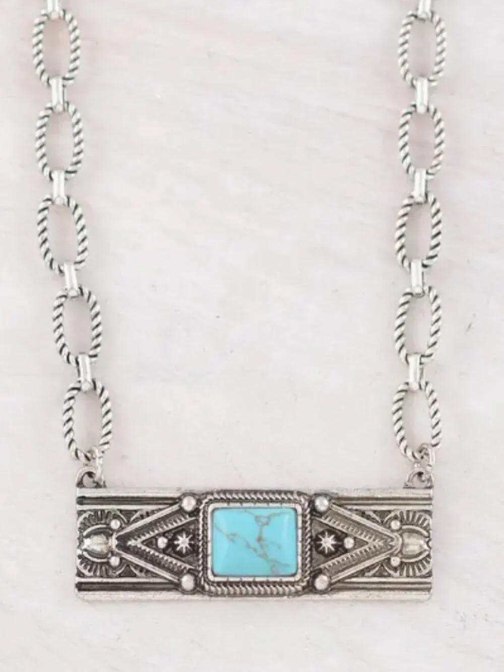 Western Turquoise Semi Stone Engraved Bar Silver Tone Necklace NWT